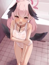 Rule 34 | 1girl, absurdres, bare shoulders, bathtub, blue archive, blush, breasts, collarbone, covered navel, feet out of frame, hair wings, halo, head wings, highres, holding own arm, indoors, koharu (blue archive), long hair, low wings, one-piece swimsuit, open mouth, pink hair, red eyes, shiu kyu, small breasts, solo, standing, swimsuit, twintails, white one-piece swimsuit, wings