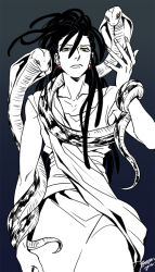 Rule 34 | 1boy, arabian clothes, dreadlocks, earrings, grey background, jewelry, kassim, long hair, looking at viewer, magi the labyrinth of magic, male focus, signature, simple background, snake, spot color, temari114, yellow eyes