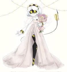 Rule 34 | 1girl, bubblaymadz, colored skin, dress, female focus, flower, glitch productions, grey skin, grin, highres, mecha girl, mechanical tail, murder drones, robot girl, short hair, smile, tail, thighhighs, v (murder drones), wedding dress, yellow eyes