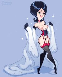 1girl black_gloves black_hair black_thighhighs bleedingpervert breasts choker coat corset despicable_me elbow_gloves facing_viewer full_body fur_coat garter_straps gloves high_heels inverted_nipples looking_at_viewer medium_hair naked_coat parted_bangs pubic_hair puffy_areolae pumps red_choker scarlet_overkill simple_background small_breasts smile solo sparkle standing stiletto_heels tagme thighhighs udressing white_coat