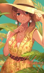 Rule 34 | 1girl, adjusting clothes, adjusting headwear, bad id, bad pixiv id, belt, birthday, black eyes, blonde hair, blush, breasts, brown hair, cleavage, dress, earrings, finger to mouth, floral print, flower earrings, gradient eyes, happy birthday, hat, highres, hoop earrings, idolmaster, idolmaster shiny colors, imawa, izumi mei, jewelry, large breasts, leaf, multicolored eyes, nail polish, necklace, ponytail, solo, sun hat, sundress, tan