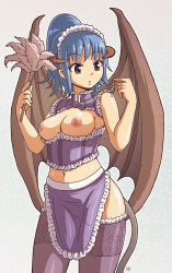 Rule 34 | 1girl, ashmet, blue hair, breasts, brown eyes, cleavage, duster, feather duster, felarya, giant, giantess, headdress, horns, karbo, large breasts, maid, nipples, short hair, simple background, solo, tail, thighhighs, wings