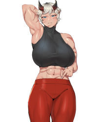 Rule 34 | 1girl, abs, absurdres, arm up, armpits, bare shoulders, blue eyes, breasts, closed mouth, collarbone, facial scar, feet out of frame, highres, horns, huge breasts, looking down, midriff, muscular, muscular female, navel, nutro, original, pants, red pants, scar, scar on arm, scar on cheek, scar on face, scar on hand, scar on stomach, short hair, simple background, sleeveless, solo, stomach, white background, white hair