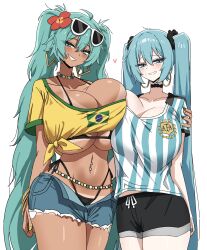 2girls alternate_breast_size aqua_eyes aqua_hair argentinian_miku bead_choker beads bikini bikini_tan bikini_under_clothes black_bikini black_shorts blue_shorts blush bracelet brazilian_flag brazilian_flag_print brazilian_miku breast_press breasts cleavage commentary cropped_shirt dark-skinned_female dark_skin dotthebot dual_persona eyewear_on_head fingernails flag_print guarana_antarctica hatsune_miku highleg highleg_bikini highres huge_breasts jewelry long_hair looking_at_viewer multicolored_nails multiple_bracelets multiple_girls nail_polish navel_piercing piercing rectangular_earrings shirt shorts shorts_tan side-tie_bikini_bottom simple_background smile swimsuit symmetrical_docking tan tanline tanline_peek thighs twintails very_long_hair vocaloid white-framed_eyewear white_background yellow_shirt