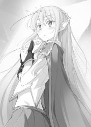 Rule 34 | 1girl, blush, bracer, braid, cape, cheat kusushi no slow life, crown braid, elf, greyscale, hair between eyes, hands up, highres, long hair, matsuuni, monochrome, novel illustration, official art, pointy ears, ririka (cheat kusushi no slow life), sidelocks, skirt, solo, standing, sweatdrop, very long hair