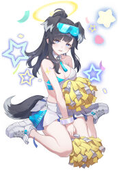 Rule 34 | 1girl, absurdres, animal ears, bare shoulders, black hair, blue archive, blue eyes, blush, breasts, cheerleader, cleavage, commentary request, confetti, crop top, dog ears, dog girl, dog tail, eyewear on head, goggles, goggles on head, halo, hibiki (blue archive), hibiki (cheer squad) (blue archive), highres, holding, holding pom poms, long hair, looking at viewer, medium breasts, midriff, millennium cheerleader outfit (blue archive), miniskirt, official alternate costume, pom pom (cheerleading), pom poms, shoes, simple background, sitting, skirt, sneakers, solo, star (symbol), star sticker, sticker on arm, sticker on face, sunglasses, tail, text print, white background, white footwear, white skirt, yellow halo, yukiyaii