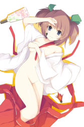 Rule 34 | 1girl, bad id, bad pixiv id, blue eyes, breast hold, breasts, brown hair, covering privates, covering breasts, hair ribbon, hakama, hakama skirt, japanese clothes, lying, medium breasts, miko, on back, open clothes, original, red hakama, ribbon, sakusaku, short hair, short twintails, skirt, solo, twintails, two side up, underboob