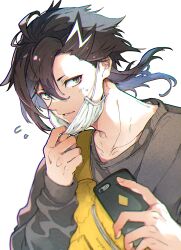 Rule 34 | 1boy, black hair, blurry, breasts, cellphone, chromatic aberration, collarbone, depth of field, fate/grand order, fate (series), fingernails, flying sweatdrops, grey hair, grey shirt, hair between eyes, highres, holding, holding phone, long sleeves, lower teeth only, male focus, mandricardo (fate), mask, mask pull, medium breasts, mouth mask, open mouth, phone, shirt, simple background, smartphone, solo, sweatdrop, teeth, tumikilondon5, upper body, white background, white mask, white shirt, yellow bag