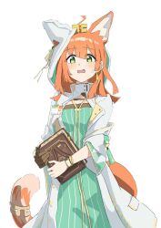 1girl animal_ears anime_coloring arknights blush book cowboy_shot dress earrings embarrassed fuyukono gloves green_dress green_eyes grey_dress grey_tail highres holding holding_book jewelry long_sleeves looking_at_viewer medium_hair open_mouth orange_hair orange_tail papyrus_(arknights) simple_background single_glove solo standing sweatdrop tail watch white_background wristwatch