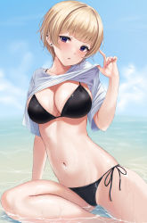 Rule 34 | 1girl, absurdres, beach, bikini, black bikini, blonde hair, breasts, cleavage, clothes lift, earrings, hand up, highres, jewelry, large breasts, lifted by self, looking at viewer, navel, original, parted lips, purple eyes, rama (yu-light8), shirt, shirt lift, short hair, short sleeves, side-tie bikini bottom, sitting, solo, stomach, string bikini, stud earrings, swimsuit, thighs, water, wet, white shirt