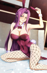 Rule 34 | 1girl, alternate costume, animal ears, bed, blush, breasts, cleavage, code geass, commentary, commentary request, cornelia li britannia, detached collar, fake animal ears, fake tail, fishnet pantyhose, fishnets, inou hiroaki, large breasts, leotard, long hair, open mouth, pantyhose, playboy bunny, purple eyes, purple hair, rabbit ears, rabbit tail, sitting, solo, tail, wrist cuffs