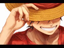Rule 34 | 1boy, black border, border, collarbone, facial scar, grin, hat, hat over eyes, highres, letterboxed, male focus, monkey d. luffy, oekakiboya, one piece, portrait, red shirt, scar, scar on cheek, scar on face, shirt, smile, solo, straw hat, sun hat, white background, yellow hat