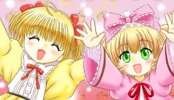 Rule 34 | 00s, 2girls, blonde hair, bow, crossover, dress, drill hair, closed eyes, frills, green eyes, highres, hinaichigo, hinako (sister princess), hoshikawa tsukimi, multiple girls, outstretched arms, pink bow, rozen maiden, sister princess, spread arms, trait connection, twintails