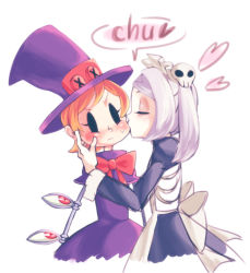 Rule 34 | 2girls, apron, bloody marie (skullgirls), blush, bow, closed eyes, extra eyes, eye socket, hair ornament, hand on another&#039;s face, hat, heart, kiss, kissing cheek, maid, maid apron, maid headdress, mechanical arms, multiple girls, nappooz, orange hair, peacock (skullgirls), red eyes, short hair, simple background, skull, skull hair ornament, skullgirls, sound effects, speech bubble, sweat, top hat, twintails, white background, yuri