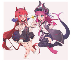 Rule 34 | 2girls, ?, arknights, belt, blue eyes, blush, boots, cosplay, costume switch, demon horns, demon tail, dragon horns, dragon tail, dress, elizabeth bathory (fate), elizabeth bathory (fate) (cosplay), elizabeth bathory (fate/extra ccc), elizabeth bathory (first ascension) (fate), fate/grand order, fate (series), female focus, hat, highres, horns, jacket, long hair, multiple girls, necktie, nemo (leafnight), open mouth, pink hair, red hair, sweatdrop, tail, vigna (arknights)