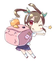 Rule 34 | 1girl, ;p, backpack, bag, bakemonogatari, brown hair, chibi, hachikuji mayoi, hairband, looking at viewer, lowres, monogatari (series), one eye closed, red eyes, simple background, solo, tongue, tongue out, tunamayochan, twintails, white background