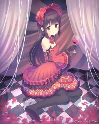 Rule 34 | 1girl, alc (ex2 lv), bad id, bad pixiv id, bare shoulders, black eyes, black gloves, black hair, black pantyhose, blush, bonnet, checkered floor, choker, closed mouth, copyright request, cup, detached sleeves, dress, drinking glass, expressionless, full body, gloves, head tilt, holding, holding cup, holding drinking glass, lolita fashion, long sleeves, momoiro taisen pairon, no shoes, on floor, pantyhose, petals, red dress, sitting, sleeveless, sleeveless dress, solo, watermark, wine glass