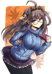 Rule 34 | 10s, 1girl, ahoge, alternate costume, arm behind back, bespectacled, black-framed eyewear, black pantyhose, blue eyes, blue sweater, book, breasts, brown hair, double bun, glasses, hair bun, hairband, headgear, holding, holding book, kantai collection, kongou (kancolle), large breasts, long hair, long sleeves, looking at viewer, miniskirt, pantyhose, purple skirt, ribbed sweater, shinshin, skirt, smile, solo, sweater, twitter username