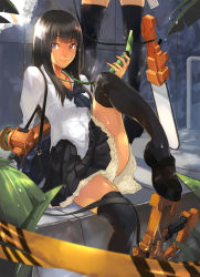 Rule 34 | 2girls, bag, bigegg, black hair, black legwear, bow, bowtie, breasts, caution tape, cellphone, chainsaw, highres, leg lift, lips, loafers, looking at viewer, multiple girls, phone, pleated skirt, purple eyes, school uniform, shiny skin, shoes, shoulder bag, sitting, skirt, small breasts, smile, tan, thighhighs
