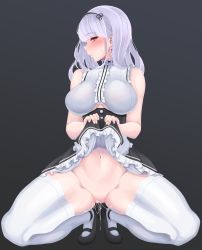 Rule 34 | 1girl, absurdres, azur lane, black footwear, black hairband, black skirt, blush, breasts, center frills, choker, clothes lift, clothing cutout, dido (azur lane), earrings, frilled choker, frills, gradient background, grey background, hairband, highres, jewelry, long hair, looking at viewer, no panties, open mouth, pussy juice, red eyes, silver hair, skirt, skirt lift, solo, taisai, thighhighs, thighs, underboob, underboob cutout, white thighhighs