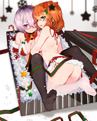 Rule 34 | 2girls, all fours, arched back, ass, bikini, black legwear, blurry, blush, box, breasts, christmas, closed mouth, depth of field, fate/grand order, fate (series), feet, fujimaru ritsuka (female), fur trim, gift, gift box, glasses, hair between eyes, in box, in container, large breasts, looking at viewer, looking back, lying, mash kyrielight, md5 mismatch, microskirt, multiple girls, no shoes, on back, orange hair, pantyhose, purple hair, red bikini, red skirt, resolution mismatch, semi-rimless eyewear, side ponytail, silver hair, skirt, soles, source larger, star (symbol), swimsuit, thighhighs, toes, topless, under-rim eyewear, wavy mouth, white legwear, xiaoshou xiansheng, yellow eyes