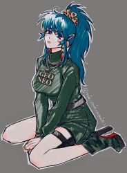 Rule 34 | 1girl, blue hair, breasts, casual, chain necklace, earrings, grey background, hair between eyes, highres, jewelry, leona heidern, necklace, ponytail, poririna, scrunchie, sidelocks, simple background, sitting, solo, the king of fighters