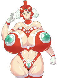 Rule 34 | 1girl, bare shoulders, bodysuit, breasts, curvy, female focus, gigantic breasts, gloves, groin, hair ornament, hip focus, mature female, mother of ultra, nipples, puffy nipples, red hair, sasaki tatsuya, see-through, short hair, simple background, solo, standing, thighhighs, ultraman, white background, wide hips, yellow eyes