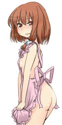 Rule 34 | 1girl, apron, ass, blush, breasts, brown eyes, brown hair, female focus, long image, looking at viewer, naked apron, short hair, simple background, small breasts, solo, tall image, tori (minamopa), touhou, usami renko, white background
