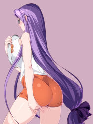 Rule 34 | 1girl, 846-gou, absurdres, ass, back, bare shoulders, breast press, breasts, fate/stay night, fate (series), glasses, highres, hooters, large breasts, long hair, looking at viewer, looking back, medusa (fate), medusa (rider) (fate), orange shorts, parted bangs, parted lips, purple eyes, purple hair, short shorts, shorts, sidelocks, solo, tank top, thighs, tray, very long hair, white tank top
