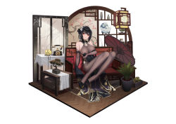 Rule 34 | 1girl, absurdres, azur lane, bare shoulders, black dress, black flower, black hair, black pantyhose, black rose, bodystocking, bonsai, chen hai (azur lane), chen hai (vestibule of wonders) (azur lane), china dress, chinese clothes, dress, elbow gloves, flower, full body, gloves, highres, huahuademaomaotou, lace, lace-trimmed gloves, lace trim, long hair, looking at viewer, official alternate costume, oil-paper umbrella, pantyhose, pelvic curtain, phone, red hair, rose, simple background, solo, taut clothes, taut dress, tight clothes, tight dress, umbrella, white background