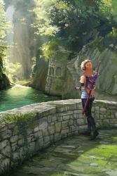 Rule 34 | 1girl, amylrun, armor, ass, backpack, bag, black footwear, black legwear, black pants, blonde hair, can, canyon, commentary, day, drink can, drinking straw, elbow gloves, elbow pads, eleni (amylrun), facing away, forest, from behind, gloves, greaves, headphones, knee pads, long hair, moss, nature, orange hair, original, outdoors, pants, path, river, road, ruins, scabbard, scenery, sheath, sheathed, shirt, shoes, sleeveless, sleeveless shirt, soda can, solo, stairs, standing, stone wall, striped clothes, striped shirt, sunlight, sword, sword behind back, wall, weapon, weapon on back