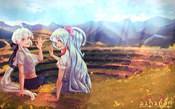 Rule 34 | 2girls, aqua hair, arm support, bird, blue skirt, bow, cloud, cloudy sky, commentary, commission, crop top, day, from behind, hair bow, hand up, hatsune miku, headphones, headphones around neck, highres, long hair, looking at viewer, looking back, mountainous horizon, multiple girls, peru, pink bow, ponytail, ribbon girl (module), scenery, shirt, short sleeves, sinihan, sitting, skirt, sky, smile, v, very long hair, vocaloid, waving, white hair, white shirt, yowane haku