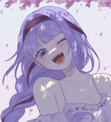 Rule 34 | 1girl, 3di project, blue eyes, blunt bangs, braid, braided ponytail, collarbone, fangs, highres, light purple hair, long hair, looking at viewer, maichle (mai chle30), marcheline, off shoulder, one eye closed, petals, purple hair, solo, teeth, virtual youtuber