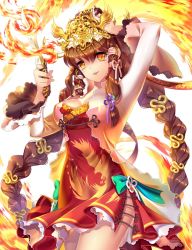 Rule 34 | 1girl, agrt, arm up, armpits, bad id, bad pixiv id, bare arms, braid, breasts, brown hair, china dress, chinese clothes, cleavage, cowboy shot, crown, dagger, dress, fire, holding, holding sword, holding weapon, jewelry, knife, large breasts, looking at viewer, lots of jewelry, original, red dress, side slit, sleeveless, sleeveless dress, standing, sword, thighs, twin braids, weapon, yellow eyes