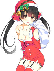 Rule 34 | 1girl, bag, bell, black hair, blush, breasts, brown eyes, carrying over shoulder, christmas, cleavage, collarbone, covered navel, dress, elbow gloves, garter straps, gloves, hair bell, hair ornament, hat, long hair, looking at viewer, open mouth, panties, pantyshot, peragura, pom pom (clothes), red dress, red gloves, red thighhighs, santa costume, santa hat, short dress, sitting, skin tight, smile, solo, strapless, strapless dress, taut clothes, thighhighs, twintails, underwear, white background
