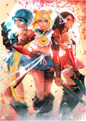 Rule 34 | 3girls, adapted costume, bishoujo senshi sailor moon, black hair, blonde hair, blue eyes, blue hair, blue sailor collar, breasts, commentary, detached sleeves, double bun, forehead jewel, hino rei, lips, long hair, magical girl, making-of available, midriff, miniskirt, mizuno ami, multiple girls, nose, photo-referenced, ross tran, sailor collar, sailor mars, sailor mercury, sailor moon, scouter, short hair, shoulder pads, skirt, small breasts, sword, tiara, torn clothes, tsukino usagi, twintails, very long hair, very short hair, weapon