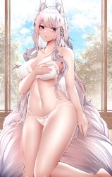 Rule 34 | 1girl, absurdres, animal ear fluff, animal ears, arm at side, azur lane, blue sky, bra, breasts, cleavage, collarbone, commentary request, covering privates, covering breasts, grey eyes, highres, large breasts, long hair, looking at viewer, navel, panties, samip, shinano (azur lane), sidelocks, sky, solo, stomach, tail, thighs, tree, underwear, underwear only, very long hair, white bra, white hair, white panties, window
