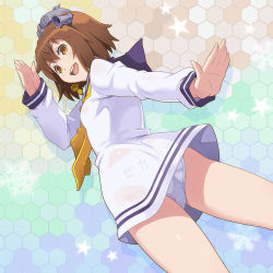 Rule 34 | 10s, 1girl, ass, brown eyes, brown hair, clothes writing, dress, from below, headgear, kantai collection, looking at viewer, maruto!, open mouth, panties, pantyshot, sailor dress, salute, school uniform, see-through, serafuku, short hair, sleeves past wrists, solo, speaking tube headset, star (symbol), underwear, underwear writing, white panties, yukikaze (kancolle)