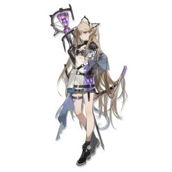 Rule 34 | 1girl, arknights, black footwear, black gloves, breasts, dress, full body, gloves, grey eyes, hand on own hip, hand up, indigo (arknights), long hair, looking at viewer, official art, pointy ears, shoes, short dress, silver hair, small breasts, solo, staff, standing, thigh strap, transparent background, very long hair, white dress, zhibuji loom