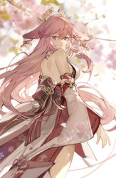 Rule 34 | 1girl, absurdres, animal ears, bare back, bare shoulders, blurry, blurry background, breasts, cherry blossoms, detached sleeves, ear piercing, fox ears, fox shadow puppet, from behind, genshin impact, hair between eyes, hair ornament, half-closed eyes, highres, lizi (st3648), long hair, looking at viewer, looking back, piercing, pink eyes, pink hair, smile, solo, wide sleeves, yae miko