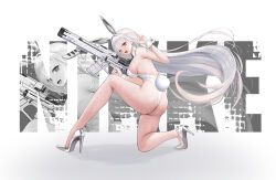 Rule 34 | 1girl, :d, absurdres, animal ears, ass, backless leotard, bare shoulders, blanc (nikke), blunt bangs, breasts, commentary request, detached collar, fake animal ears, fake tail, fang, full body, goddess of victory: nikke, grey footwear, gun, high heels, highleg, highleg leotard, highres, holding, holding gun, holding weapon, large breasts, leotard, long hair, looking at viewer, looking back, maki (user fyjx4337), on one knee, open mouth, playboy bunny, rabbit ears, rabbit tail, simple background, skin fang, smile, solo, strapless, strapless leotard, tail, v, very long hair, weapon, white background, white hair, white leotard, wrist cuffs, yellow eyes