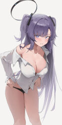 Rule 34 | 1girl, absurdres, berserker r, black panties, blue archive, blue eyes, blush, breasts, cleavage, collarbone, halo, highres, large breasts, leaning forward, long hair, looking at viewer, panties, parted lips, purple hair, shirt, simple background, single bare shoulder, solo, standing, sweat, thighs, two side up, underwear, very long hair, white background, white shirt, yuuka (blue archive)