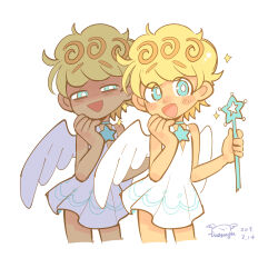 Rule 34 | 1boy, angel, angel boy, angel cookie, angel wings, blonde hair, blue eyes, blush, cookie run, cowboy shot, dress, glaring, half-closed eyes, happy, highres, holding, holding wand, jewelry, male focus, necklace, personification, shade, shaded face, smile, sparkle, star (symbol), star necklace, trap, triangle mouth, upper body, wand, wenyu, white dress, wings