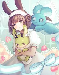 Rule 34 | + +, 1girl, :&lt;, absurdres, animal, animal ear fluff, animal ears, animal hug, antlers, artist name, blue bow, blue eyes, blunt bangs, bow, brown eyes, brown hair, commentary request, cryptid, double bun, eyebrows hidden by hair, food, fruit, hair bun, highres, horns, hug, jackalope, kuroneko13x, livly, livly island, looking at viewer, open mouth, puffy short sleeves, puffy sleeves, rabbit, rabbit ears, rabbit tail, short hair, short sleeves, solo, sparkle, strawberry, striped, striped bow, tail