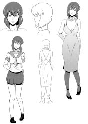 Rule 34 | 1girl, alternate costume, artist request, breasts, character sheet, cleavage, dress, ghost in the shell, greyscale, highres, kusanagi motoko, large breasts, lips, looking at viewer, monochrome, multiple views, no bra, school uniform, shiny skin, short hair, sitting, skirt, smile, standing, thong, tongue, tongue out, underwear, wide hips