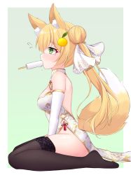 Rule 34 | 1girl, absurdres, animal ear fluff, animal ears, backless dress, backless outfit, bare shoulders, between legs, black thighhighs, border, breasts, center opening, china dress, chinese clothes, commentary request, double bun, dress, elbow gloves, facing to the side, food, fox ears, fox girl, fox tail, gloves, gold trim, green eyes, hair between eyes, hair bun, hair ornament, hand between legs, highres, kurashina yuzuki, lace, lace-trimmed legwear, lace trim, original, popsicle, side-tie dress, sideboob, sidelocks, sitting, solo, tail, tail raised, tassel, tears, thighhighs, thighs, twintails, two-tone background, wariza, white border, white dress