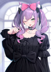 Rule 34 | 1girl, ;p, absurdres, animal ear fluff, animal ears, black choker, black dress, black ribbon, bow, cat ears, choker, commentary request, dress, ear piercing, extra ears, green eyes, hair bow, hairy, hand up, highres, hololive, long hair, long sleeves, looking at viewer, mikan (chipstar182), multicolored hair, nail polish, one eye closed, piercing, pink bow, pink hair, playing with own hair, purple hair, red nails, ribbon, solo, streaked hair, tokoyami towa, tongue, tongue out, twintails, v-shaped eyebrows, virtual youtuber