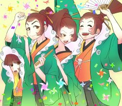Rule 34 | 4boys, ^ ^, ace attorney, androgynous, arm up, arms up, black hakama, blunt bangs, blush, blush stickers, brown eyes, brown hair, child, clenched hand, closed eyes, closed mouth, collarbone, confetti, cowboy shot, folding fan, forehead, hair bun, hair ornament, hair stick, hakama, hakama skirt, half-closed eye, hand fan, hand up, hanging on arm, haori, happy, high ponytail, holding, holding fan, japanese clothes, kimono, long hair, long sleeves, looking at another, looking at viewer, looking back, looking up, matching hair/eyes, multiple boys, multiple persona, open mouth, orange kimono, phoenix wright: ace attorney - spirit of justice, pinwheel, sakota (sakota 6box), sidelocks, single hair bun, skirt, smile, standing, sweat, teeth, uendo toneido, uneven eyes, wide sleeves, yellow background
