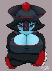 Rule 34 | 1girl, :&lt;, alternate color, black hair, blue eyes, blue skin, breasts, china dress, chinese clothes, claws, cleavage, cleavage cutout, clothing cutout, colored skin, dated, dress, hat, huge breasts, lei lei, ofuda, qingdai guanmao, sleeves past wrists, solo, tsukudani (coke-buta), upper body, vampire (game)