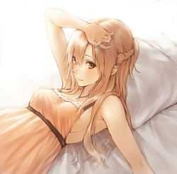 Rule 34 | 10s, 1girl, arm up, armpits, asuna (sao), breasts, brown eyes, brown hair, jewelry, long hair, lying, makimura shunsuke, necklace, on back, pillow, sideboob, smile, solo, sword art online